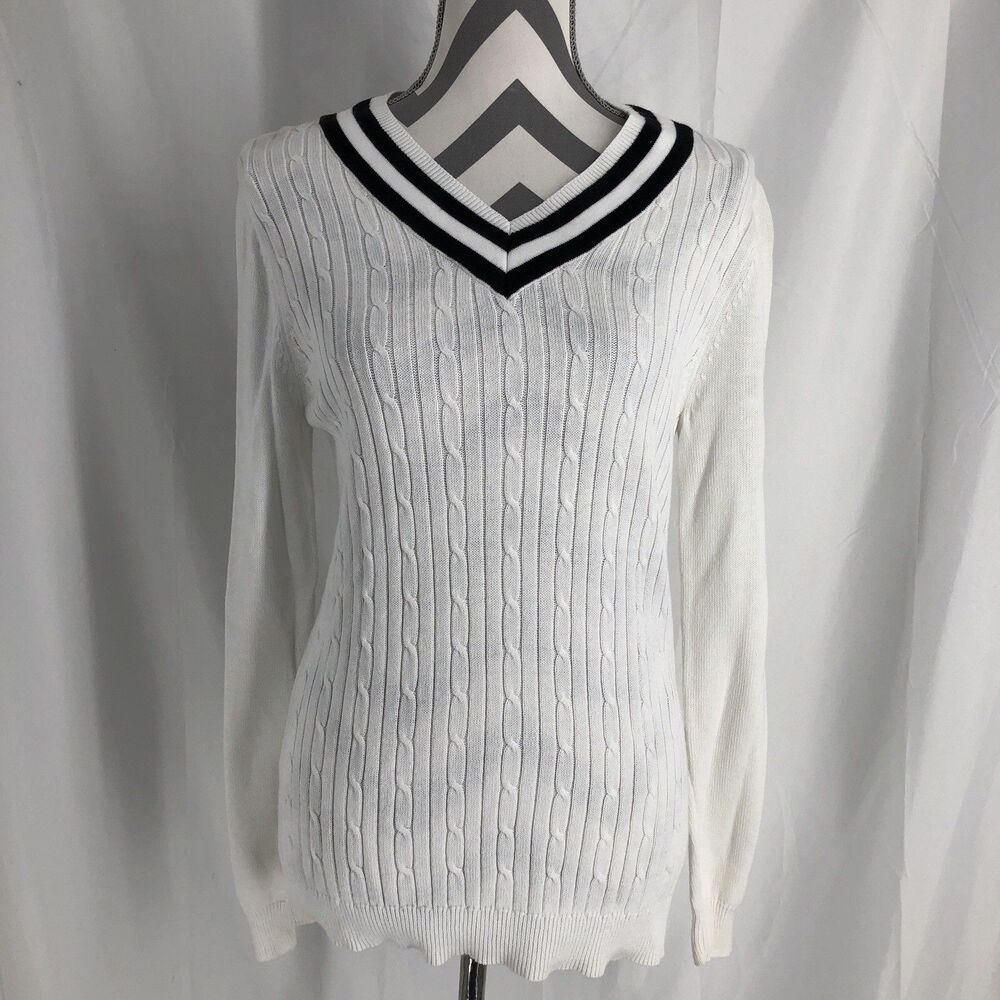 White Stag Womens Size M Cable Knit Sweater Arctic White V-neck Tennis Prep